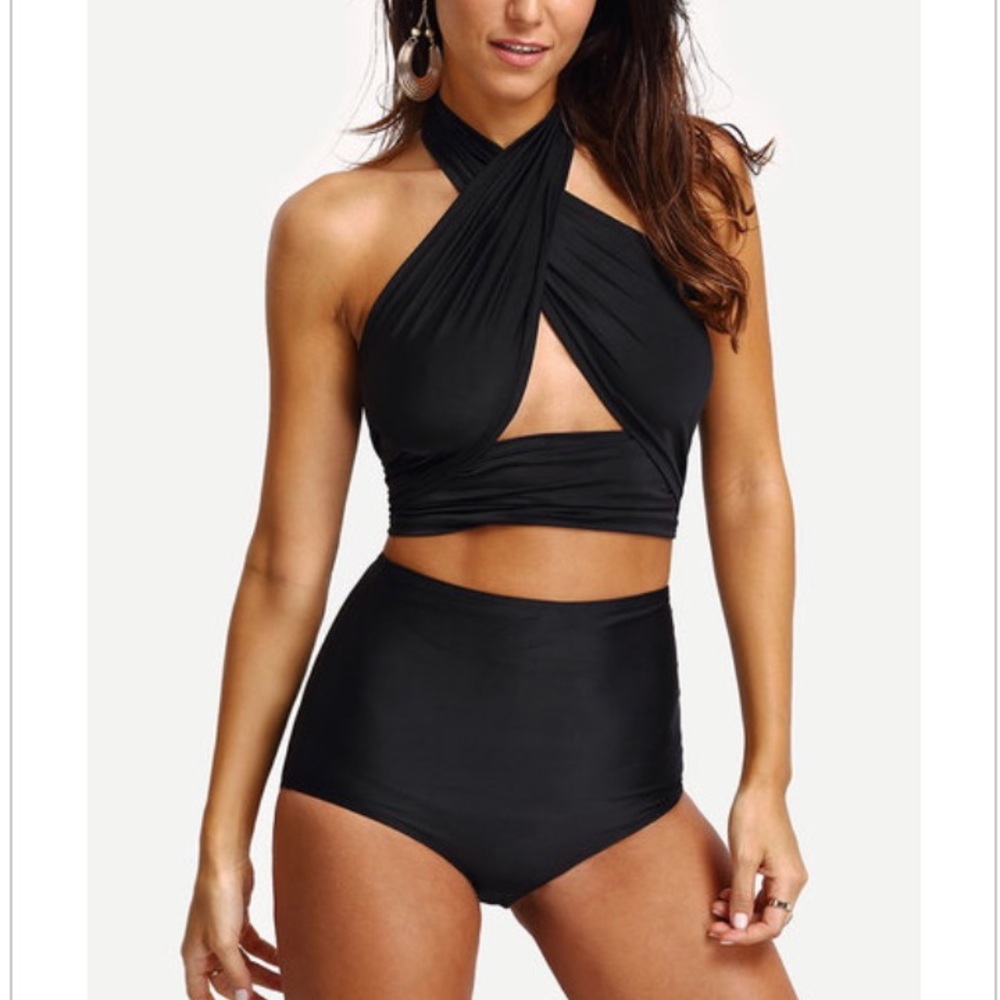 Black wrap halter top & high waist bottoms